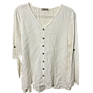 Terzo Millennio Women's Sz Large Linen Blouse Rolled Tab Sleeve Smocked in Back